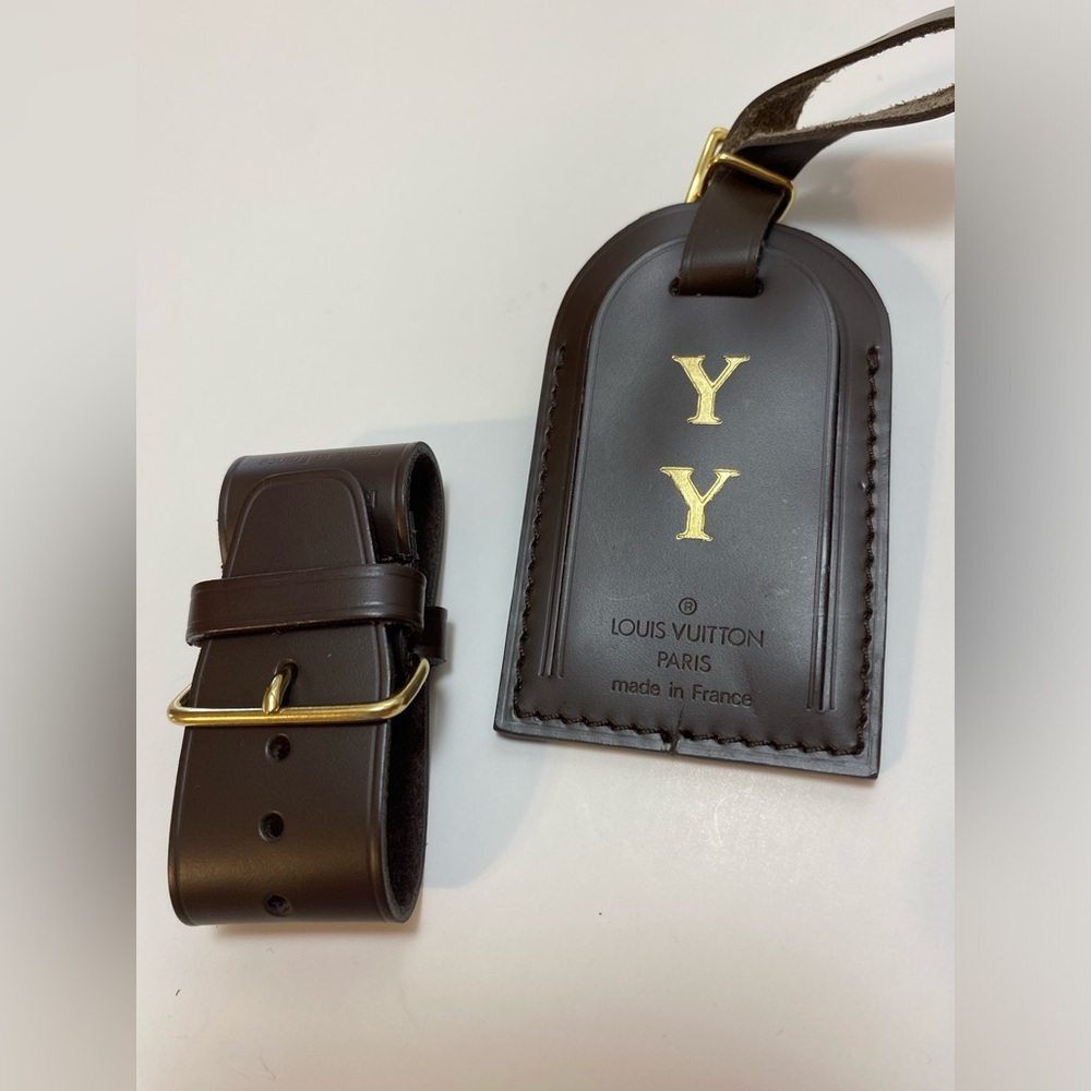 Louis Vuitton Brown Leather Bag Tag Set Monogram YY Luxury Travel Authentic - Picture 2 of 10